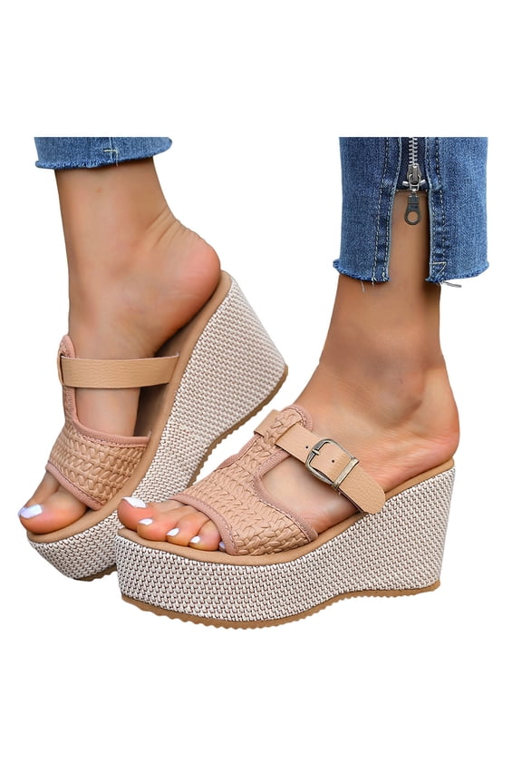 Platform Espadrilles for Women Peep Toe Slip on Slides Woven Braided T-Strap Wedge Sandals Backless High Heels Casual Summer Footwear Brown Size 6
