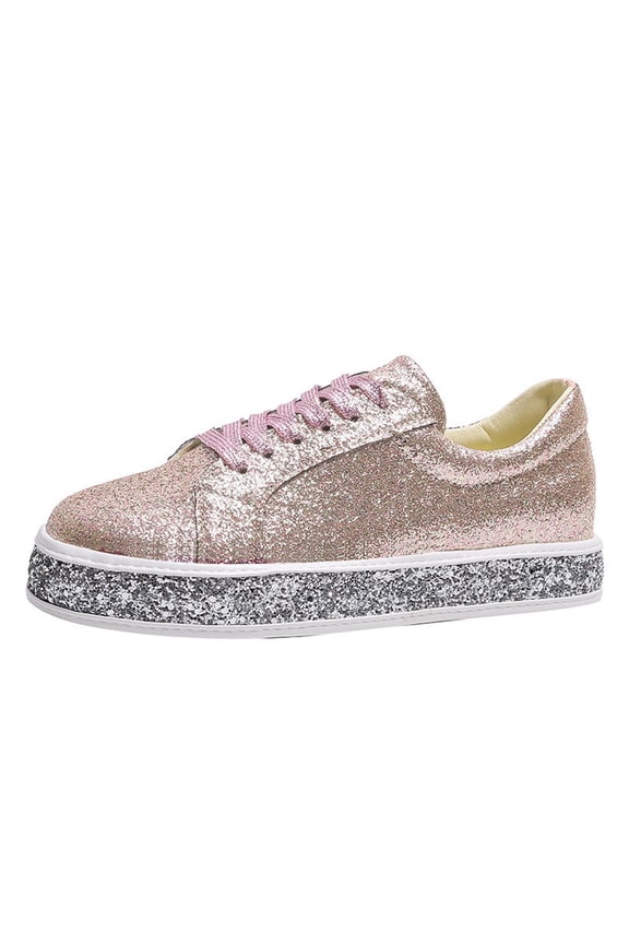 Platform Fashion Sneakers Glitter Sequin Lace Up Chunky Bottom Slip On Flats Walking Shoes Trendy Leather Fall Low Top Canvas Shoes For Women Ladies Bride Wedding Dress Party Decor