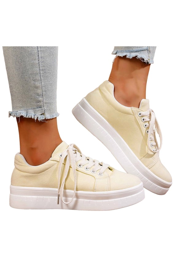 Platform Fashion Sneakers for Women Girls Spring Fall Casual Canvas Lace up Chunky Flatform Walking Flats Shoes