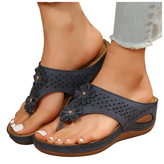 Platform Flip Flops for Women Bohemian Flower Hollow out Orthopedic Sandals Comfy Arch Support Footbed Slides Wedges Heels Slip on Beach Shoes Blue Size 8