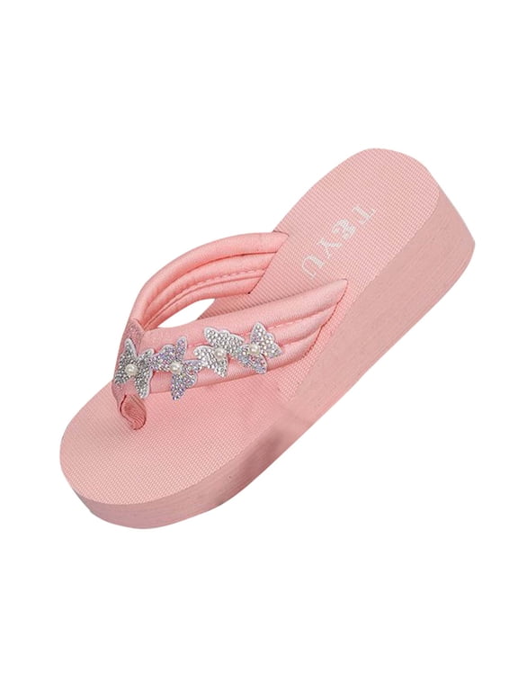 Platform Flip Flops for Women Rhinestone Bling Butterfly Peal Wedge Sandals Shoes Fashion Flip Flop Sandals for Parties Summer Beach Travel Indoor Outdoor Slipper