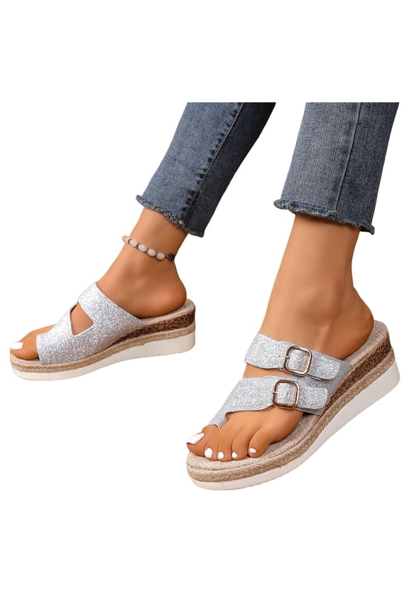 Platform Flip Flops for Women 2025 Sparkly Buckle Espadrilles Wedge Slip on Sandals Dress Slides Shoes