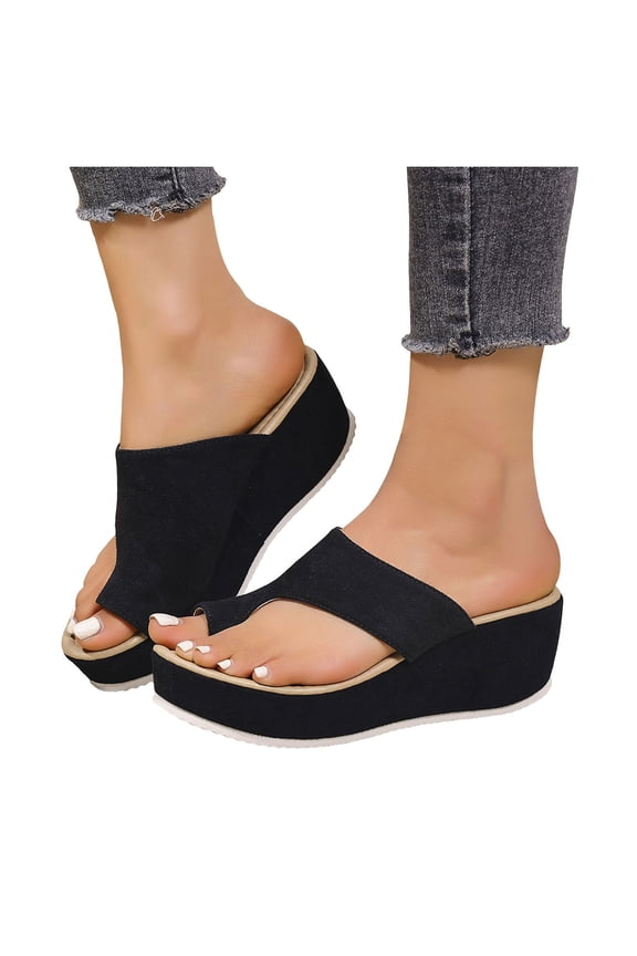 Platform Flip Flops for Women Leopard Print Suede Slides Sandals Comfy Arch Support Footbed Nonslip Wedges Heels Black Size 6