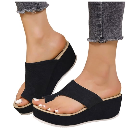 Platform Flip Flops for Women Leopard Print Suede Slides Sandals Comfy Arch Support Footbed Nonslip Wedges Heels Black Size 7