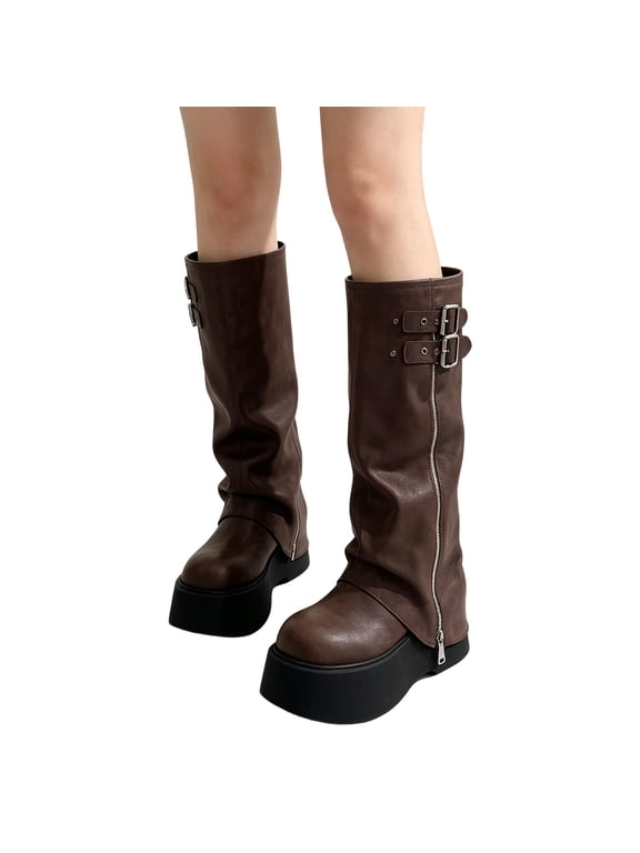 Platform Fold Over Knee High Boots for Women Chunky Heel Wide Calf Moto Riding Boots with Buckles Comfort Slouchy Long Tall Punk Footwear for Festival Rave Concert Cosplay Party,Brown 40