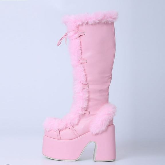 Platform Furry Boots Chunky High Heeled Winter Autumn Knee High Boots Women Faux Fur Zip Gothic Style Punk Shoes Ladies
