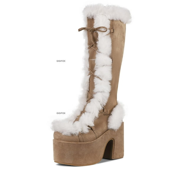 Platform Furry Boots Chunky High Heeled Winter Autumn Knee High Boots Women Faux Fur Zip Gothic Style Punk Shoes Ladies