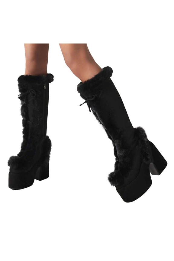 Platform Fuzzy Knee High Snow Boots for Women Cold Weather Fashion Plush Chunky Heel Mid Calf Winter Dress Tall Boots