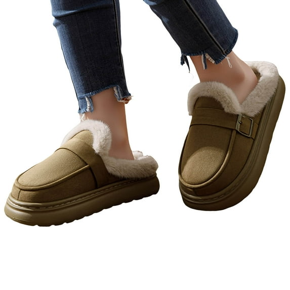 Platform Fuzzy Slippers Clogs House Shoes for Women Indoor and Outdoor Fashion Casual Suede Buckle Plush Winter Warm Bedroom Home Slides Snow Ankle Booties