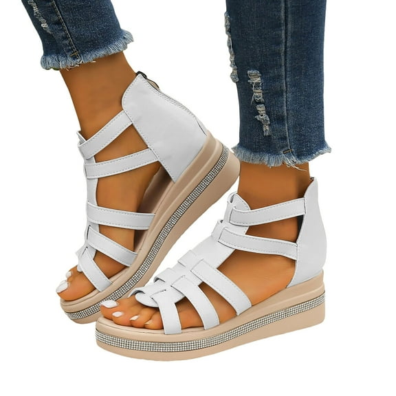 Platform Gladiator Sandals for Women 2025 Roman Beach Summer Rhinestones Wedge Dress Sandals with Zipper