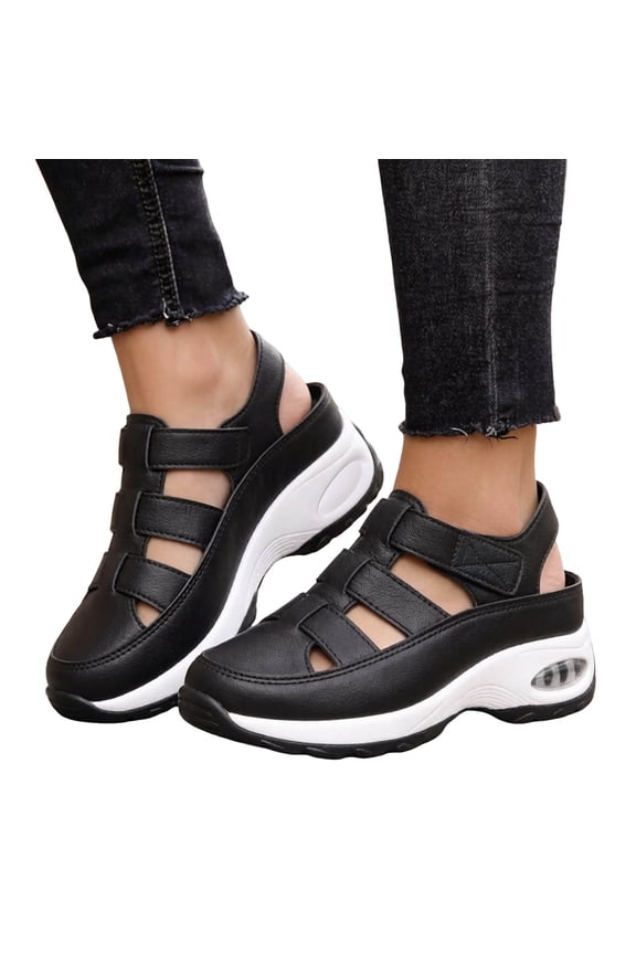 Platform Gladiator Sandals for Women Arch Support Walking Shoes Antislip Closed Toe Caged Low Wedge Sneakers Black Size 6.5