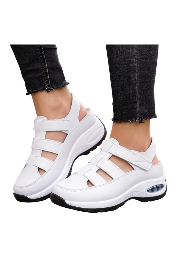 Platform Gladiator Sandals for Women Arch Support Walking Shoes Antislip Closed Toe Caged Low Wedge Sneakers White Size 10.5