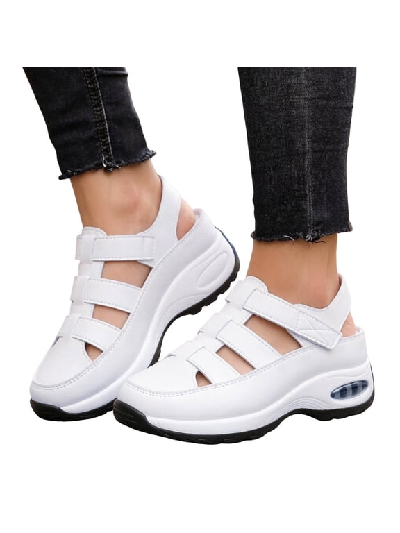 Platform Gladiator Sandals for Women Arch Support Walking Shoes Antislip Closed Toe Caged Low Wedge Sneakers White Size 10.5