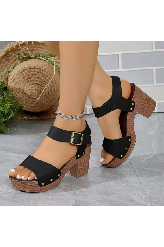 Platform Heels Slingback Chunky High Heel Sandals for Women Women's Faux Wooden High Heeled Platform Dress Sandals Black Women Sandal