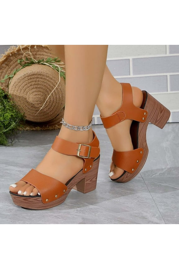 Platform Heels Slingback Chunky High Heel Sandals for Women Women's Faux Wooden High Heeled Platform Dress Sandals Brown Women Sandal
