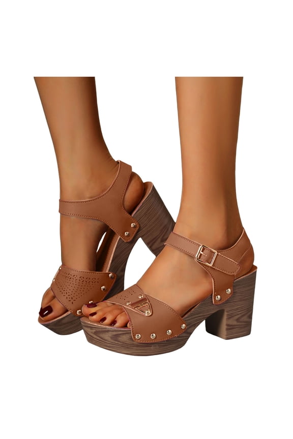 Platform Heels for Women Comfy Arch Support Open Toe Heeled Sandals Trendy Metal Decor Splice Leather Summer Dress Pumps Shoes Brown Size 9