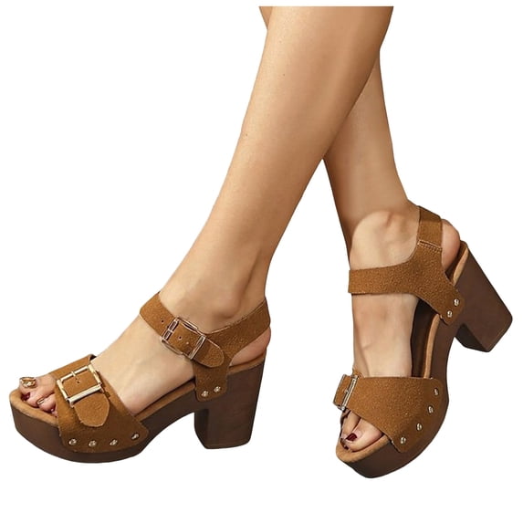 Platform Heels for Women Lightweight Open Toe Buckle Strap Summer Sandals Comfortable Footbed Casual Slingback Beach Shoes Brown Size 6.5