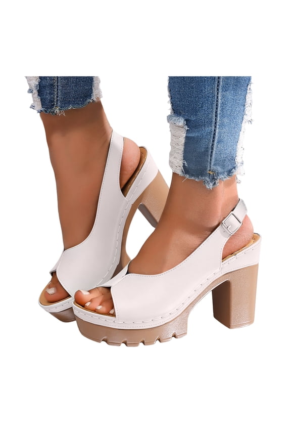 Platform Heels for Women Lug Sole Chunky High Heeled Sandals Peep Toe Splice Leather Adjustable Strap Pumps White Size 8.5