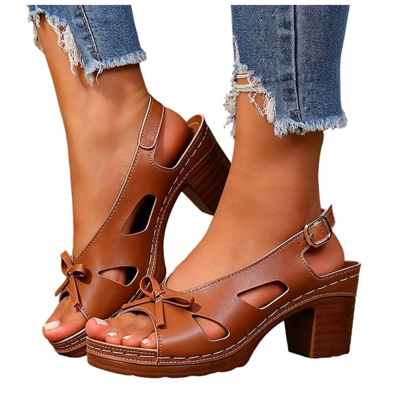 Platform Heels for Women Open Toe Cut out Bowknot Chunky Heeled Sandals Comfortable Ankle Strap Wedding Party Dress Shoes Brown Size 7