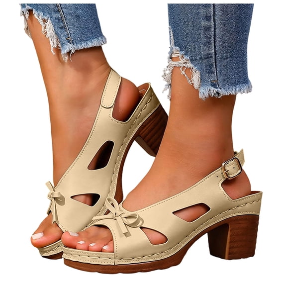Platform Heels for Women Open Toe Cut out Bowknot Chunky Heeled Sandals Comfortable Ankle Strap Wedding Party Dress Shoes Gold Size 7