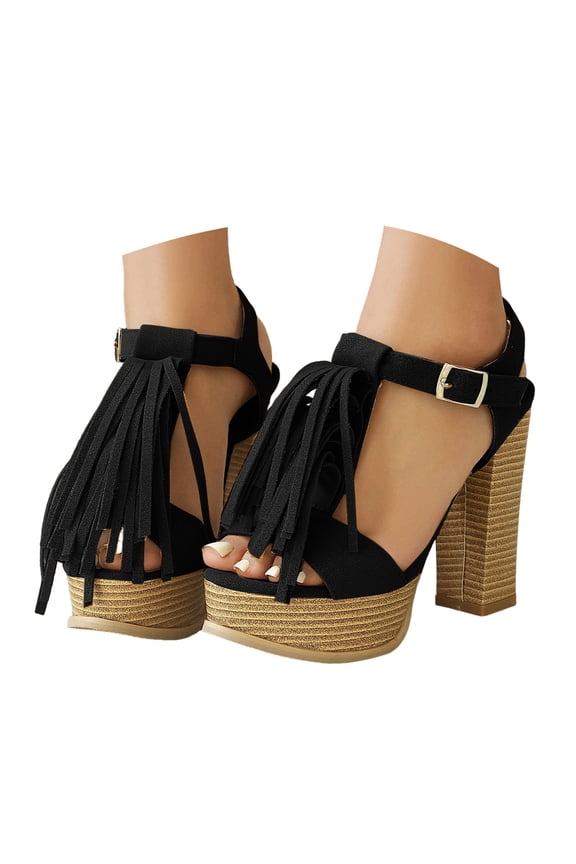 Platform Heels for Women Open Toe Tassel T-Strap High Block Heeled Sandals Dressy Summer Casual Pumps Shoes Black Size 7.5