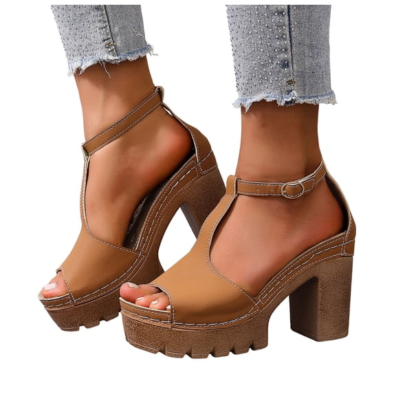 Platform Heels for Women Peep Toe Lug Sole T-Strap Sandals 2026 Fashionable Chunky Pumps Dress Shoes for Summer Casual Brown Size 7