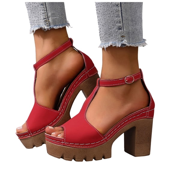 Platform Heels for Women Peep Toe Lug Sole T-Strap Sandals 2026 Fashionable Chunky Pumps Dress Shoes for Summer Casual Red Size 9