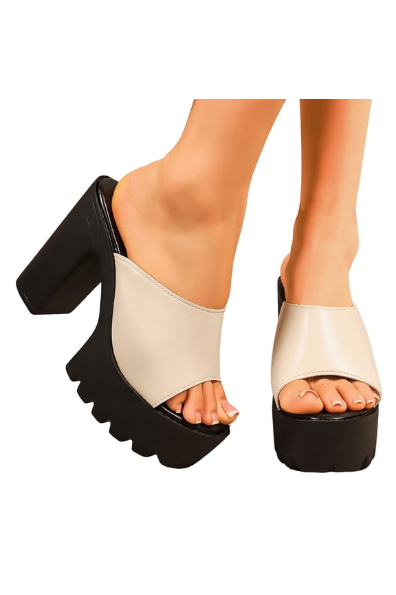 Platform Heels for Women Peep Toe Sandals Lug Sole High Block Heel Slip on Slides Shoes Casual Summer Dress Shoes Beige Size 9.5