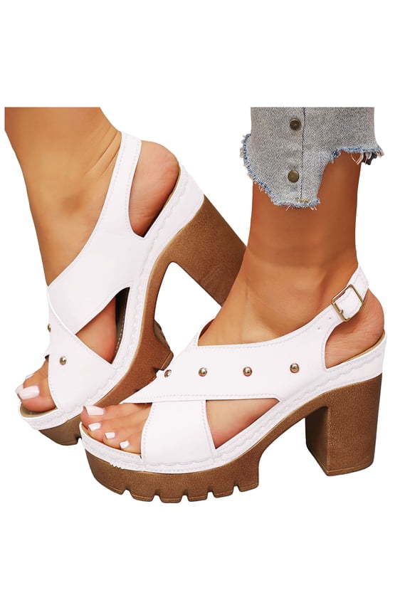 Platform Heels for Women Peep Toe Slingback Sandals Crooss Band Studded Chunky Lug Sole High Heeled Pumps Shoes White Size 8.5