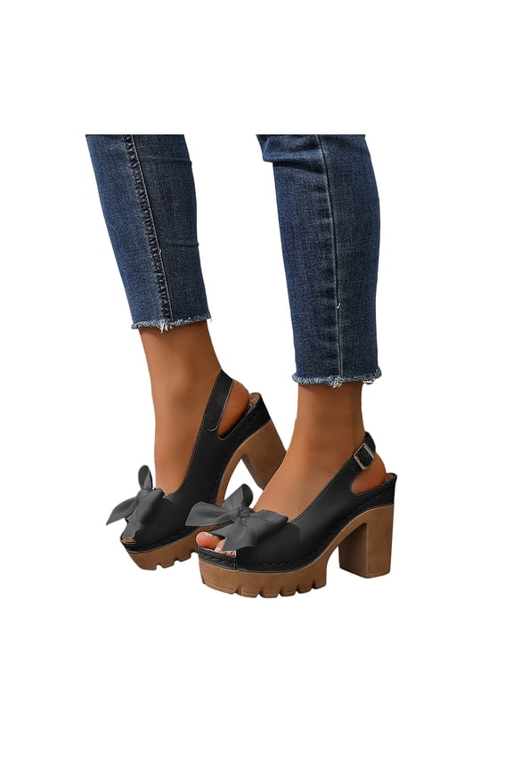 Platform Heels for Women Peep Tow Bow Sandals Trendy Lug Sole High Heeled Slingback Dress Shoes Summer Pumps Black Size 6.5