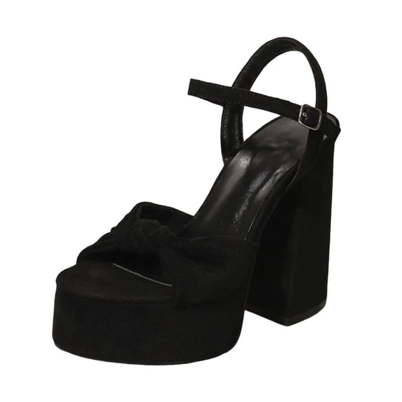 Platform Heels for Women Suede High Block Heeled Sandals Open Toe Cute Bow Ankle Strap Wedges Pumps Shoes Black Size 6.5