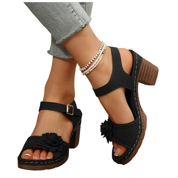 Platform High Heel Dressy Sandals for Women 2025 Ethnic Flower Leather Open Toe Ankle Strap Dress Sandals