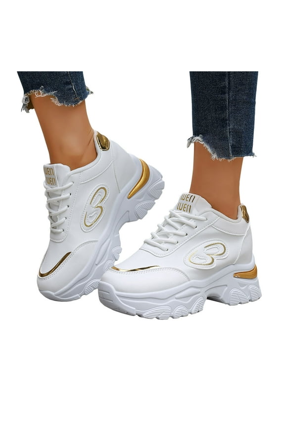 Platform High Top Fashion Sneakers for Women White Gold Casual Lace up Chunky Wedges Non Slip Work Shoes