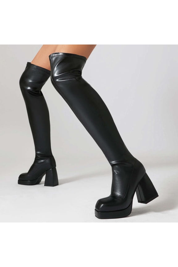 Platform Knee High Boots For Women Block Chunky High Heel Boot Square Toe Long Boots Women’s Elastic Stretchy Boots