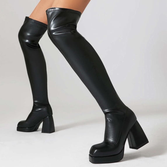 Platform Knee High Boots For Women Block Chunky High Heel Boot Square Toe Long Boots Women’s Elastic Stretchy Boots
