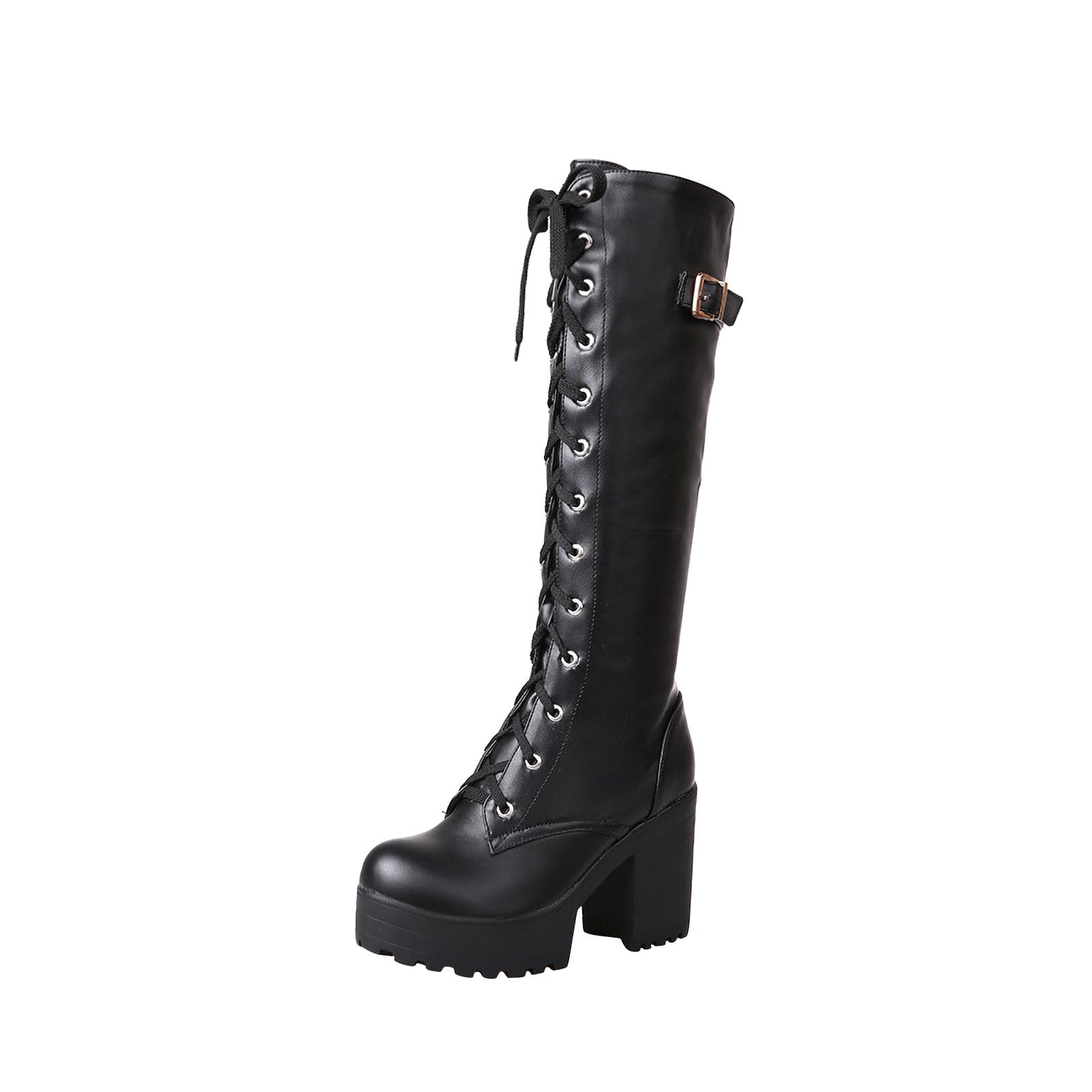 Platform Knee High Boots For Women Chunky Block Heel Combat Boots Lace