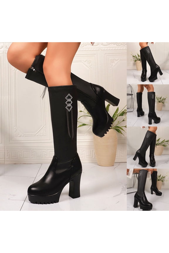 Platform Knee High Boots Women High Heel Boots For Women Boot With Side Zipper Stretchy Party Festival Halloween Boot Not For Wide Calf