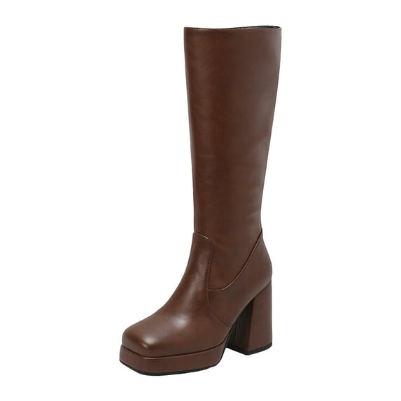 Platform Knee High Boots Women Square Toe Fashion Leather High Block Heel Zip up Long Fall Winter Booties