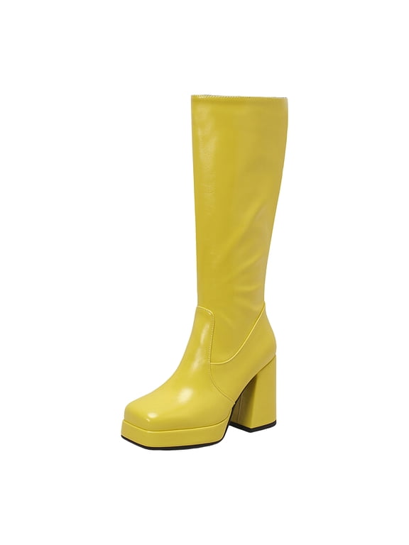 Platform Knee High Boots Women Square Toe Fashion Leather High Block Heel Zip up Long Fall Winter Booties