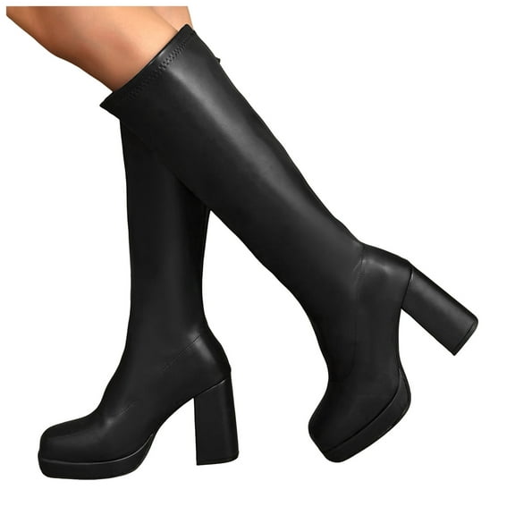 Platform Knee High Boots Women Stretch Leather Pull on Square Toe Chunky Block Heel Fall Winter Dress Tall Boots Black 7