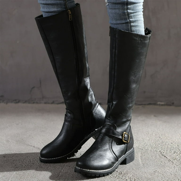 Platform Knee High Boots for Women Block Chunky Heel Round Toe