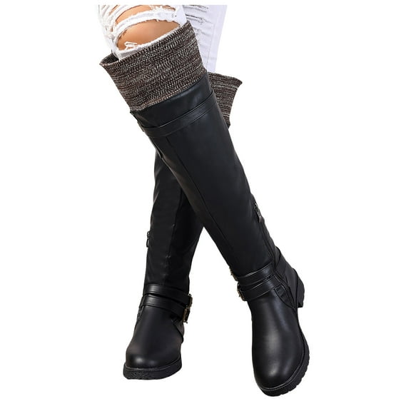 Platform Knee High Boots for Women Casual Leather Knit Wide Calf Over The Knee Tall Riding Boots Winter Fall