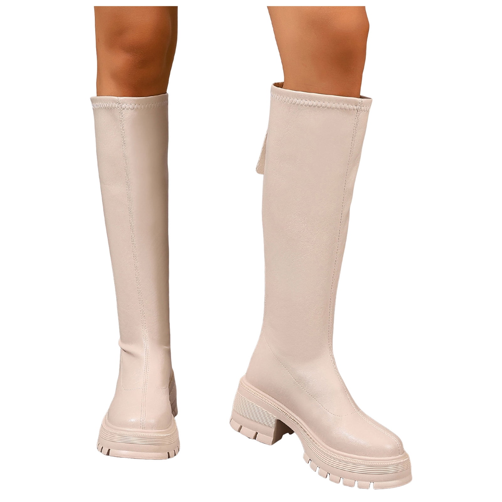 Platform Knee High Boots for Women Chunky Heeled Leather Slip On ...