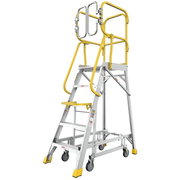 Platform Ladder, 5-Step, 375lbs Capacity, Aluminum Rolling Ladder with 360 Guardrail - Silver