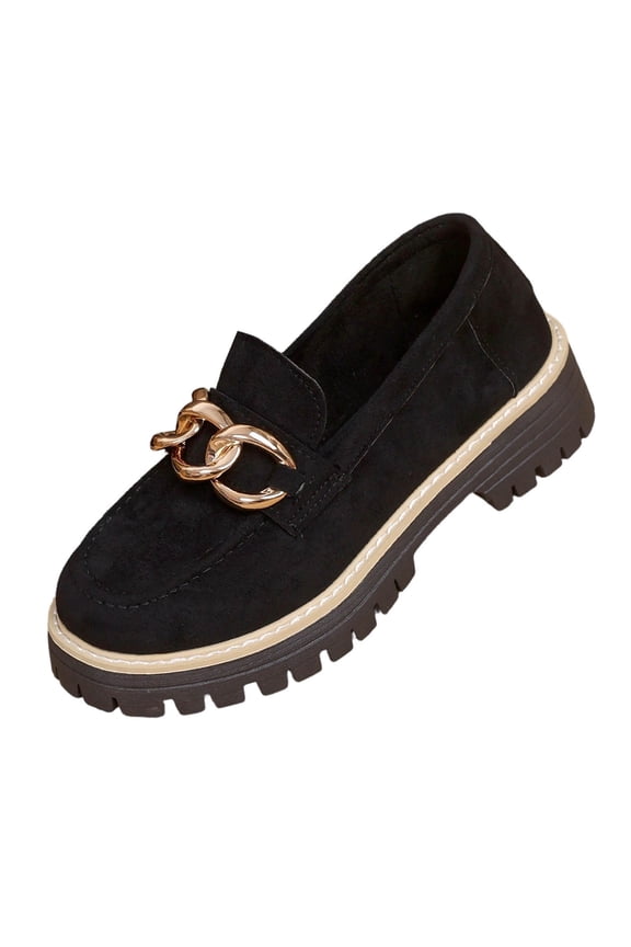 Platform Loafers for Women Chunky Slip On Black Faux Suede Comfort Height Boost Shoes with Gold Chain Detail Casual Office Shoes,Size 5.5