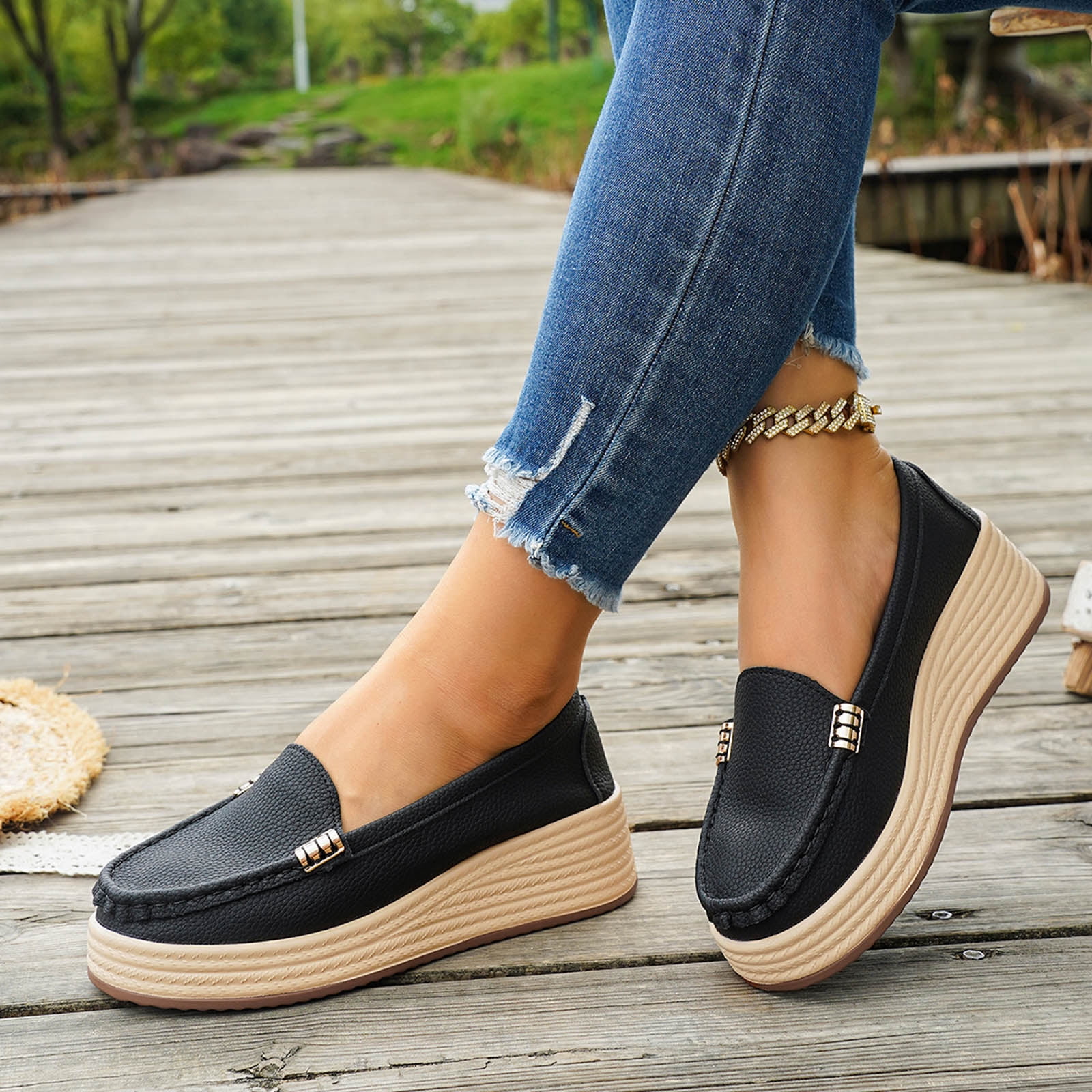 Platform Loafers for Women Comfortable Slip On Chunky Sole Comfortable Casual Business Shoes ...