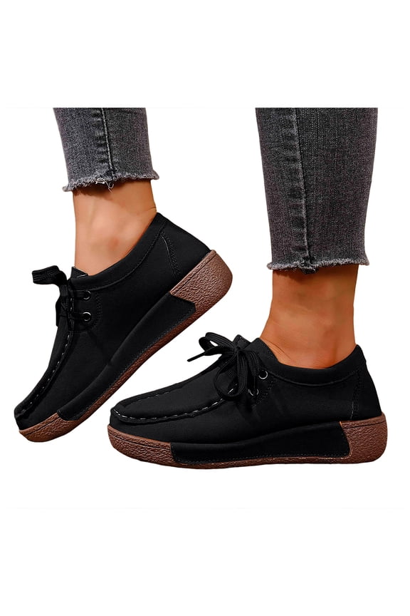Platform Loafers for Women Comfy Soft Sole Lace up Walking Shoes Casual Stitching Slip on Round Toe Flat Shoes Black Size 9
