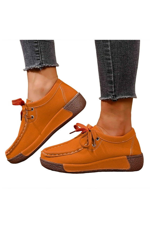 Platform Loafers for Women Comfy Soft Sole Lace up Walking Shoes Casual Stitching Slip on Round Toe Flat Shoes Orange Size 6.5