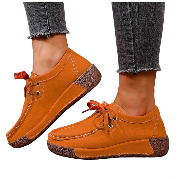 Platform Loafers for Women Comfy Soft Sole Lace up Walking Shoes Casual Stitching Slip on Round Toe Flat Shoes Orange Size 9
