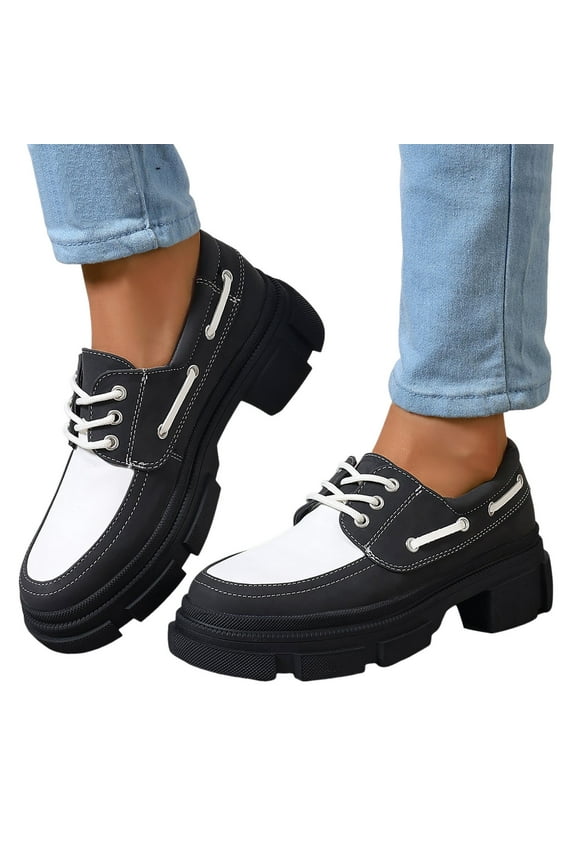 Platform Low Top Fashion Sneakers for Women Spring Casual Leather Lace up Chunky Penny Loafer Dress Shoes